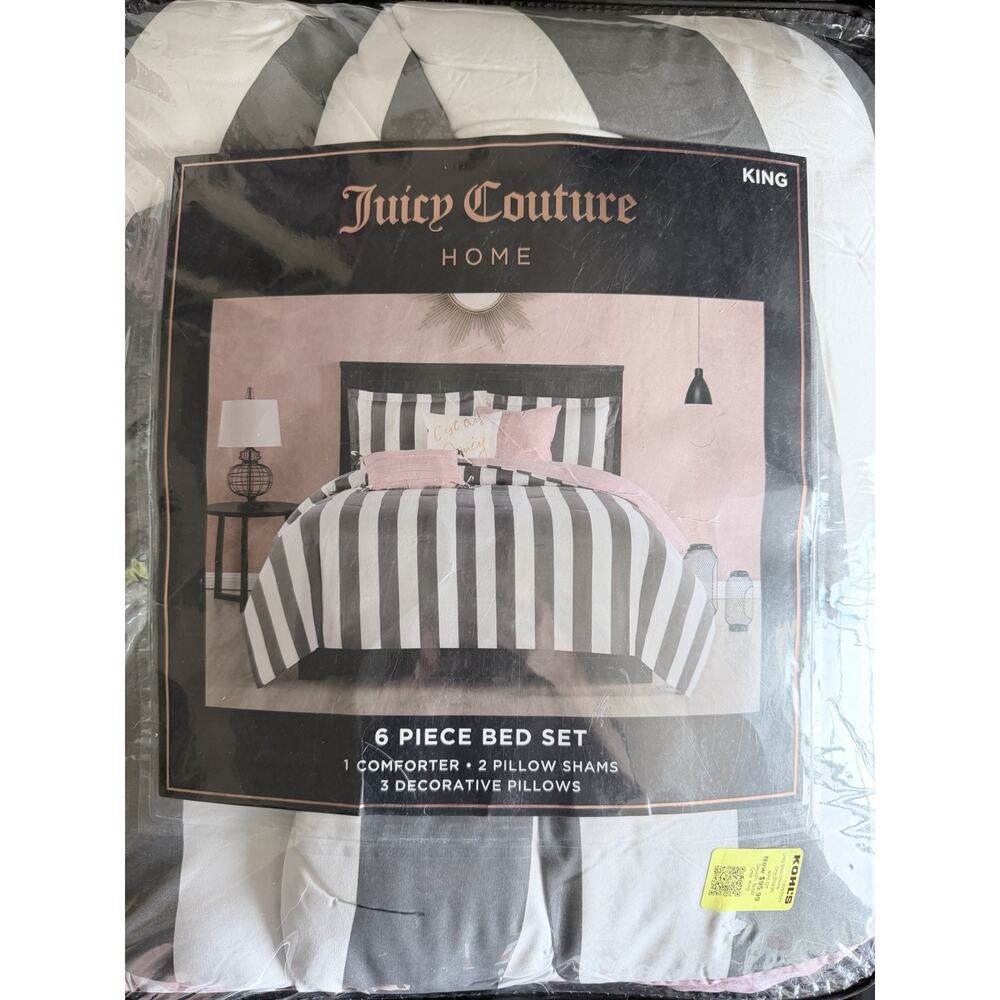 Juicy Couture Pink With Black Stripes, Six Piece Bedding In King Size